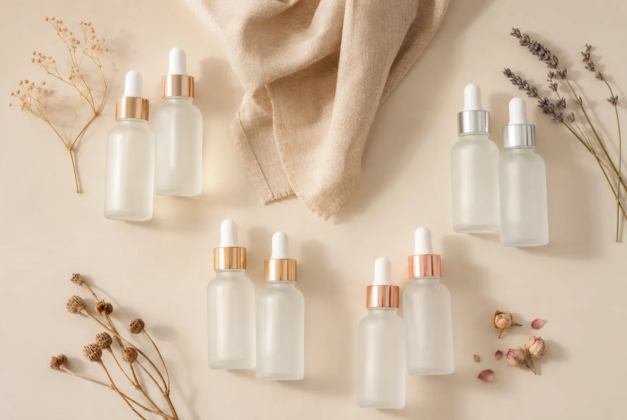 Six exfoliating acid serums grouped on a warm cream surface by what they treat: acne, dark spots, fine lines and sensitive skin