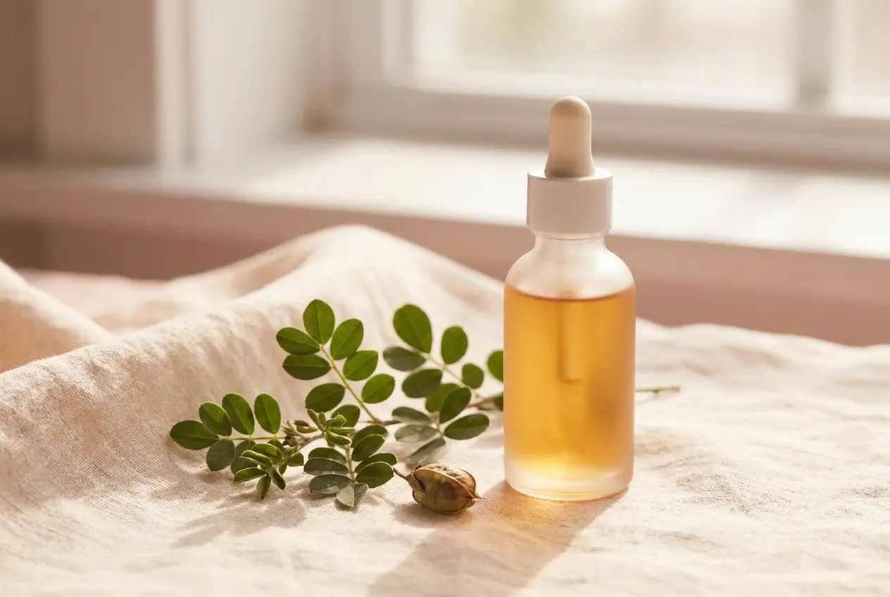 A single drop of clear serum beside a fresh green botanical sprig on a warm cream surface, calm and natural