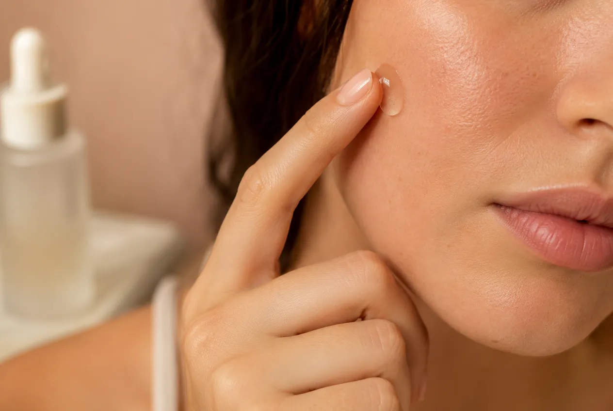 A drop of gentle PHA serum being pressed into calm, healthy skin, with a stronger glycolic acid bottle set to one side