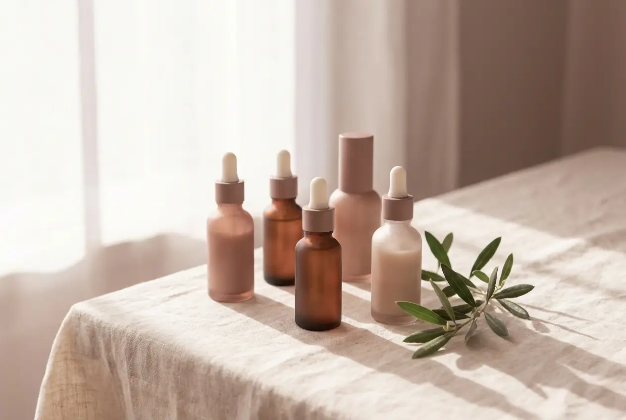 A calm arrangement of gentle serum bottles and a sprig of green botanical on a warm cream surface, suggesting alternatives to retinol