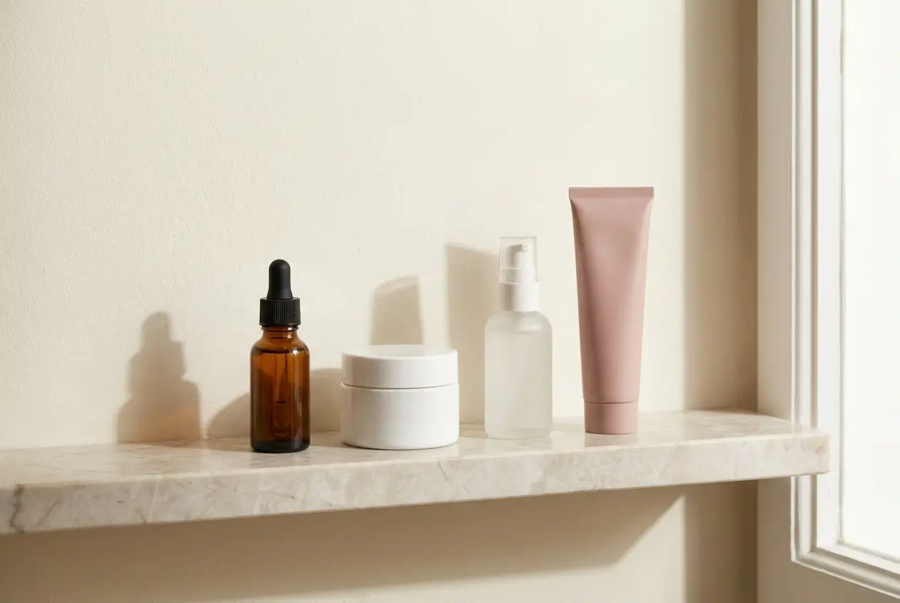 A soft lineup of gentle serum bottles on a warm cream surface, representing bakuchiol, niacinamide, azelaic acid and peptides as retinol alternatives