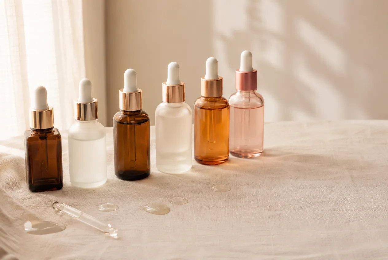 Six labelled skincare serum bottles arranged in a soft row on a warm cream surface, each representing a different exfoliating acid