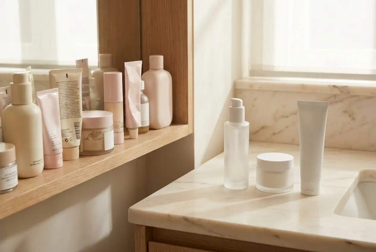 A cluttered bathroom shelf of half-used skincare bottles beside three simple products kept out on the counter