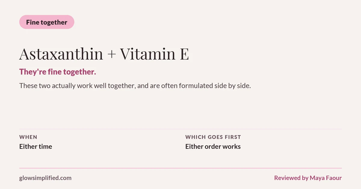 Astaxanthin and Vitamin E: Fine together. They're fine together. These two actually work well together, and are often formulated side by side. Which goes first: Either order works.