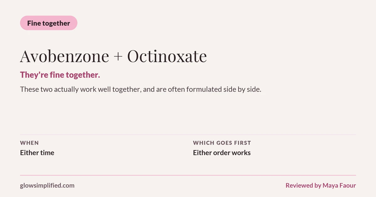 Avobenzone and Octinoxate: Fine together. They're fine together. These two actually work well together, and are often formulated side by side. Which goes first: Either order works.