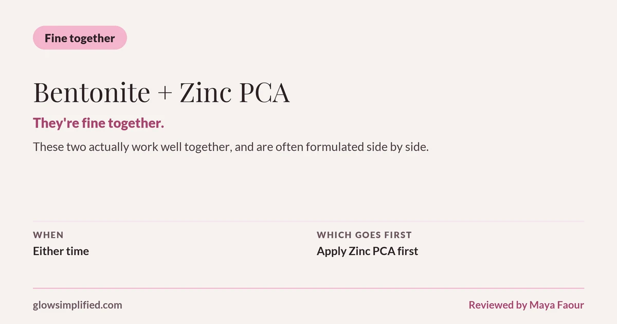 Bentonite and Zinc PCA: Fine together. They're fine together. These two actually work well together, and are often formulated side by side. Which goes first: Apply Zinc PCA first.