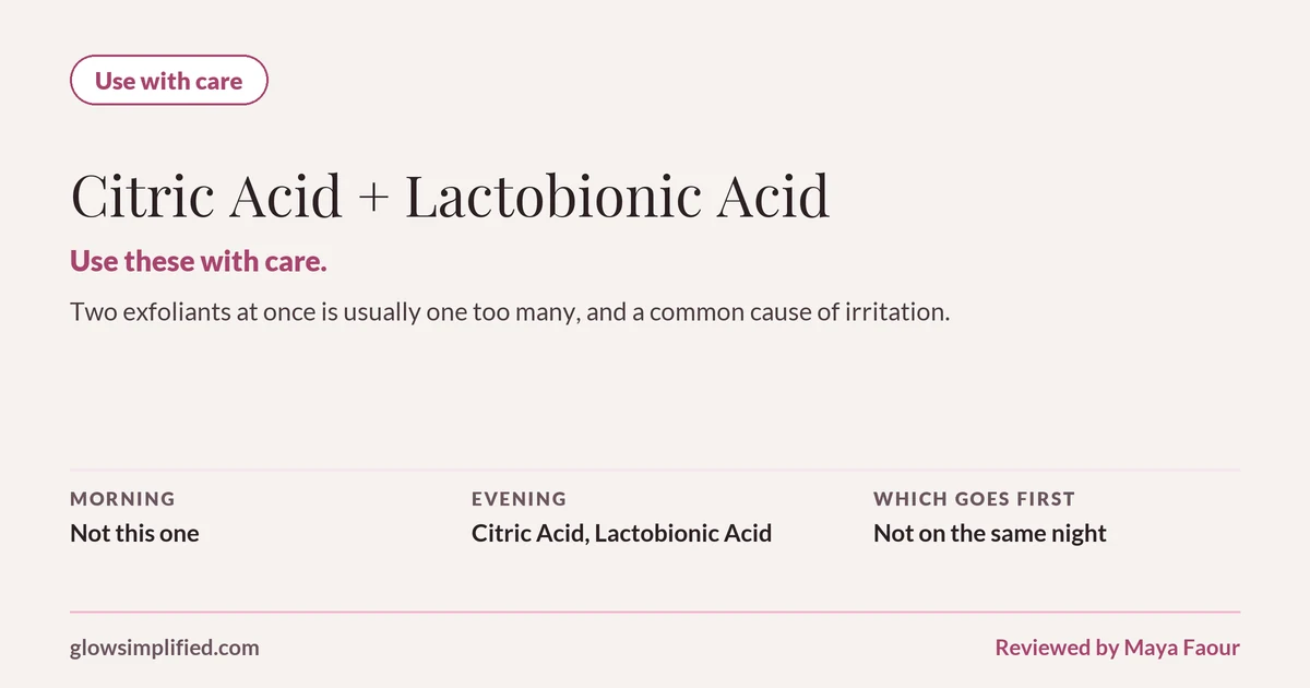 Citric Acid and Lactobionic Acid: Use with care. Use these with care. Two exfoliants at once is usually one too many, and a common cause of irritation. Which goes first: Not on the same night.