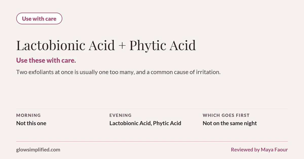 Lactobionic Acid and Phytic Acid: Use with care. Use these with care. Two exfoliants at once is usually one too many, and a common cause of irritation. Which goes first: Not on the same night.
