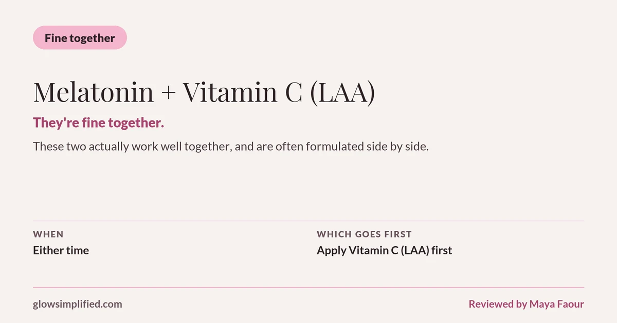 Melatonin and Vitamin C (LAA): Fine together. They're fine together. These two actually work well together, and are often formulated side by side. Which goes first: Apply Vitamin C (LAA) first.