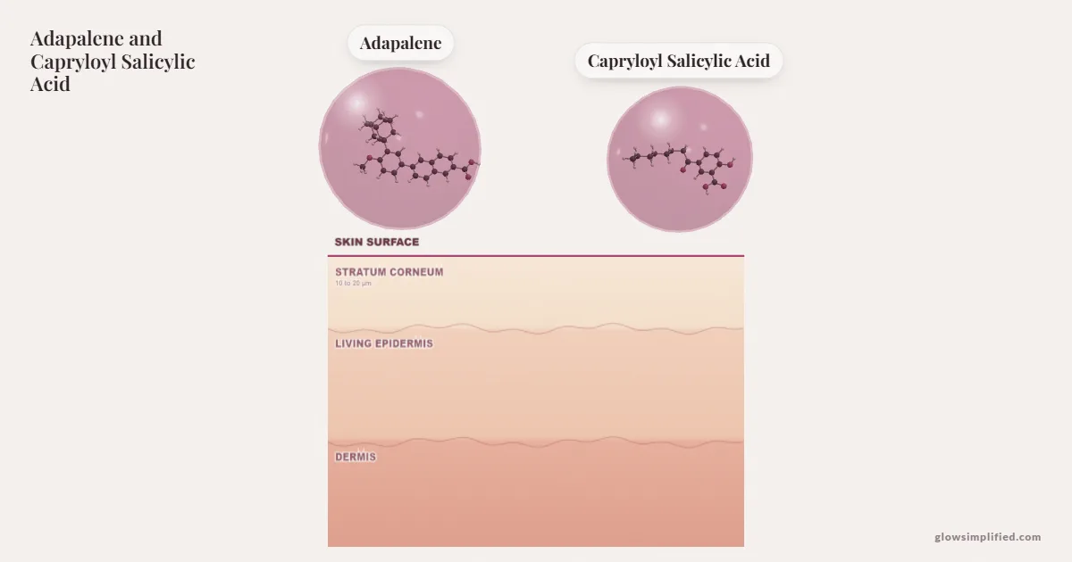 Adapalene and Capryloyl Salicylic Acid meeting on a cross-section of skin