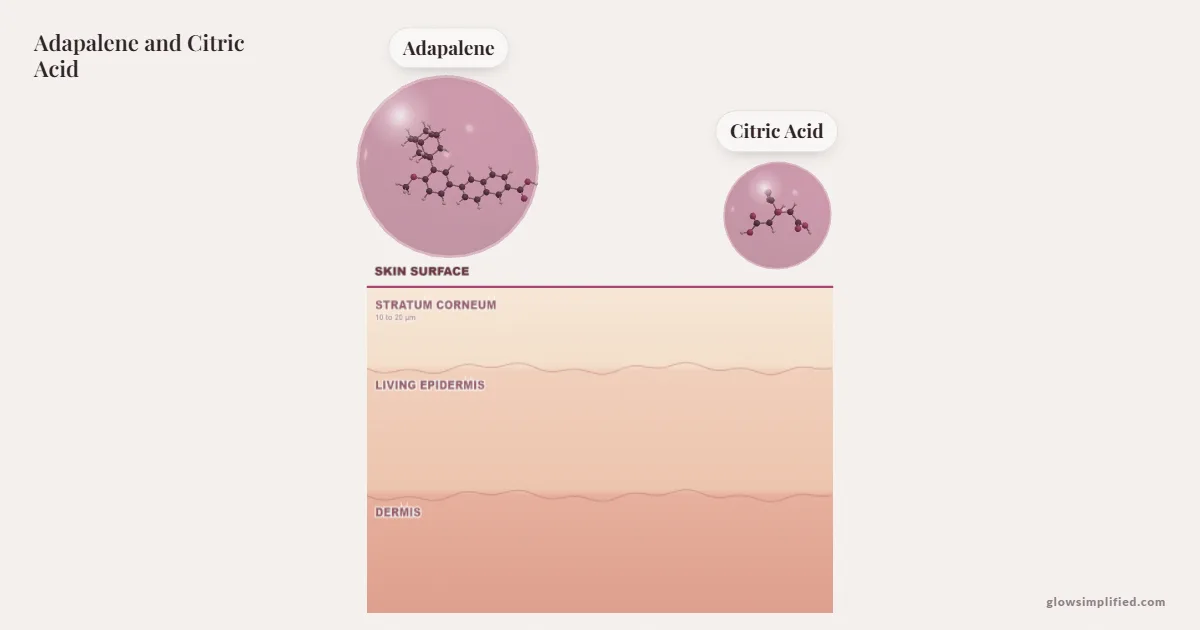 Adapalene and Citric Acid meeting on a cross-section of skin