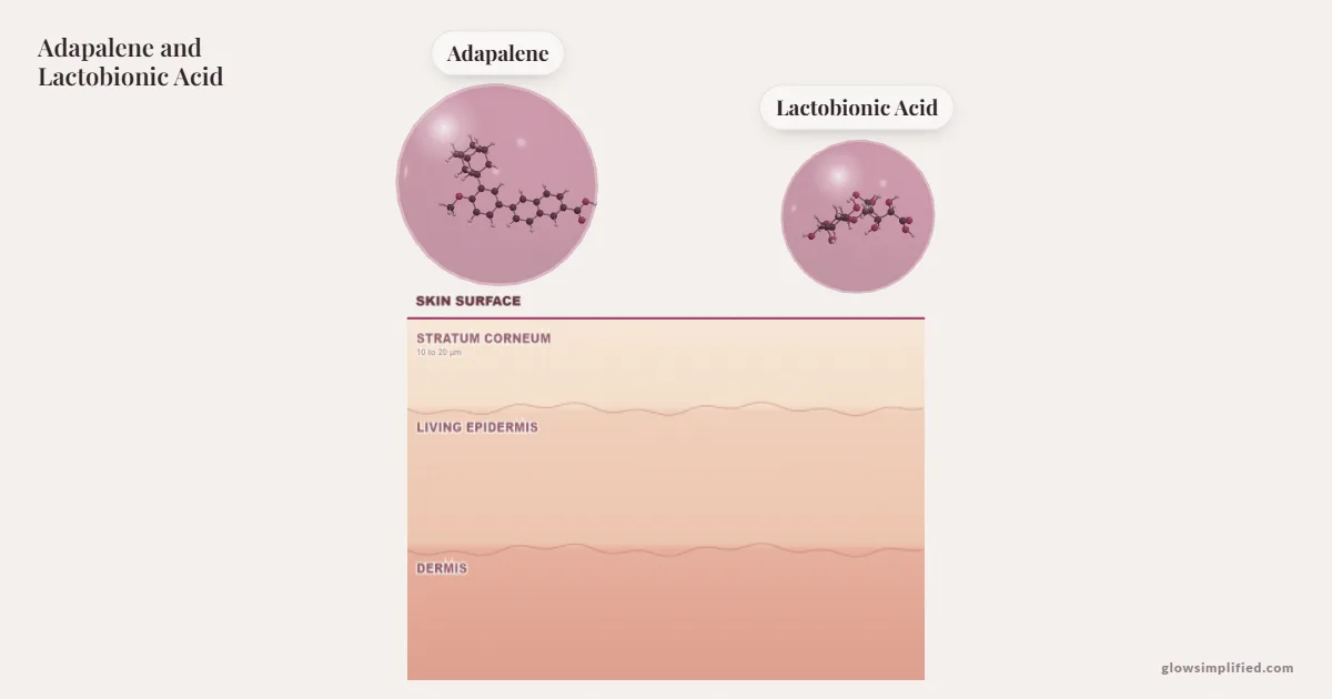 Adapalene and Lactobionic Acid meeting on a cross-section of skin