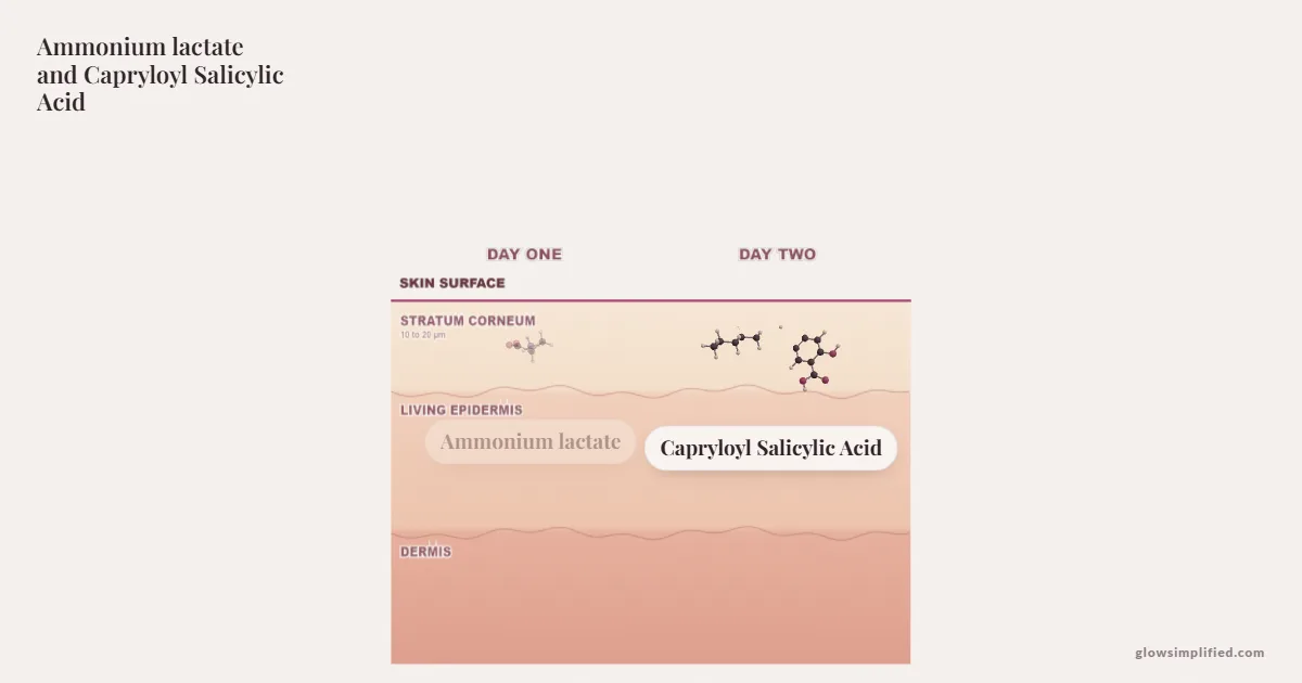 Ammonium lactate and Capryloyl Salicylic Acid meeting on a cross-section of skin