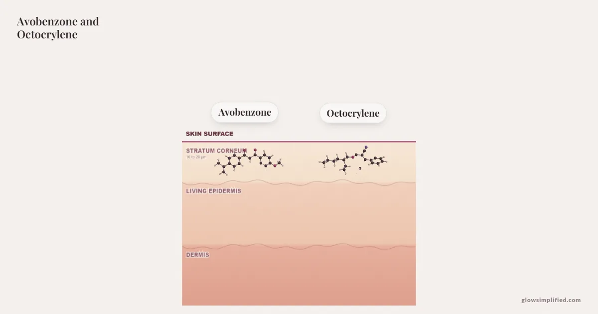 Avobenzone and Octocrylene meeting on a cross-section of skin