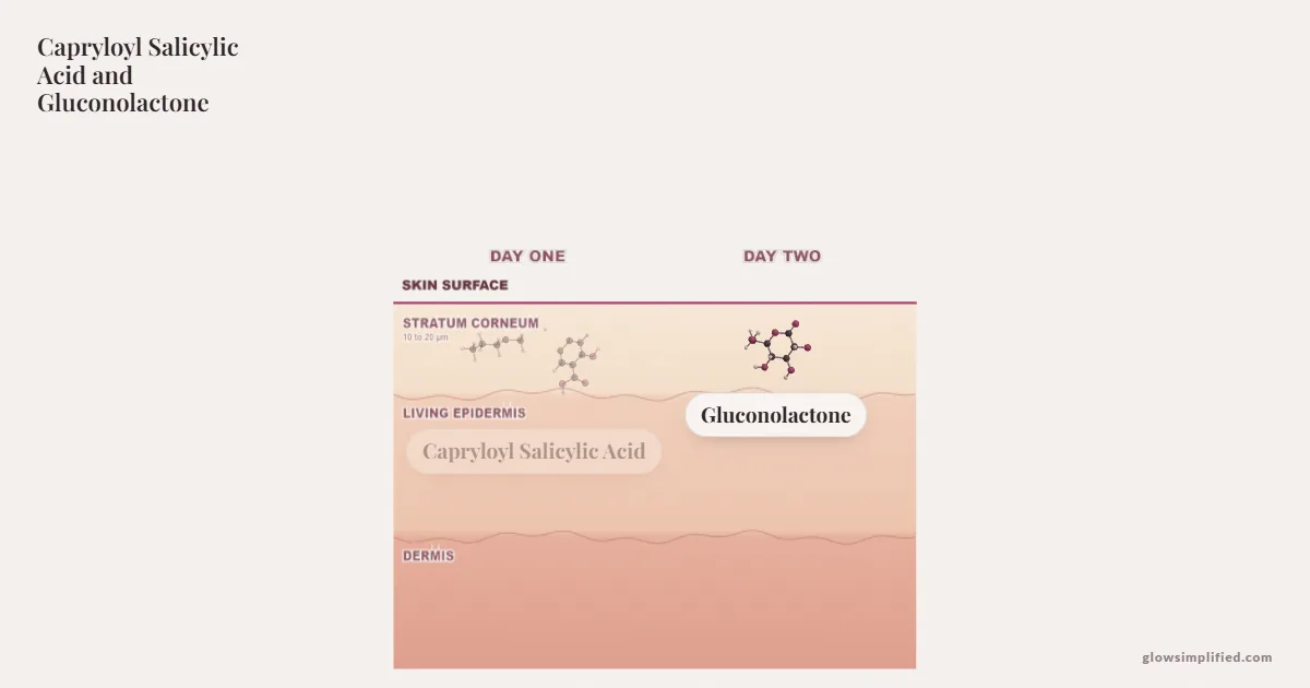 Capryloyl Salicylic Acid and Gluconolactone meeting on a cross-section of skin