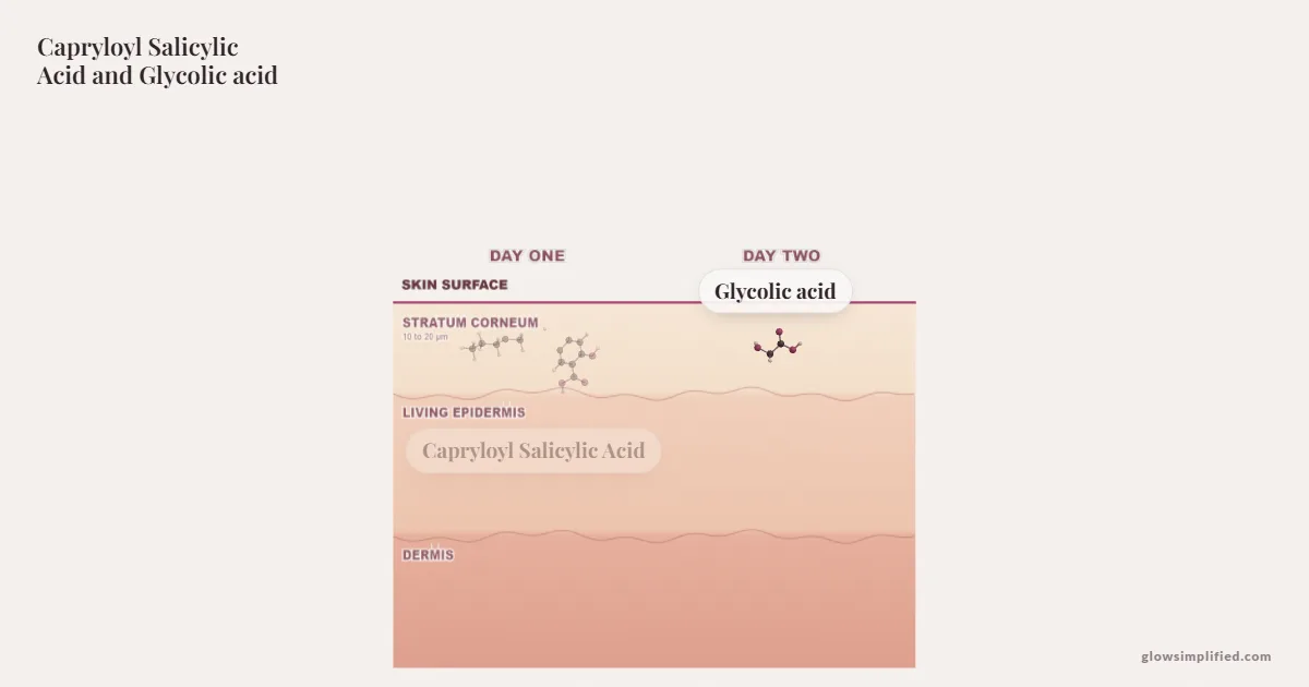 Capryloyl Salicylic Acid and Glycolic acid meeting on a cross-section of skin