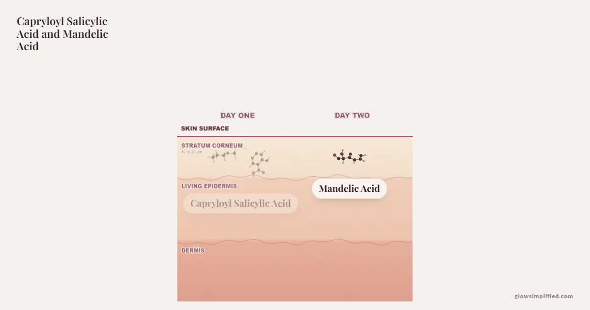 Capryloyl Salicylic Acid and Mandelic Acid meeting on a cross-section of skin