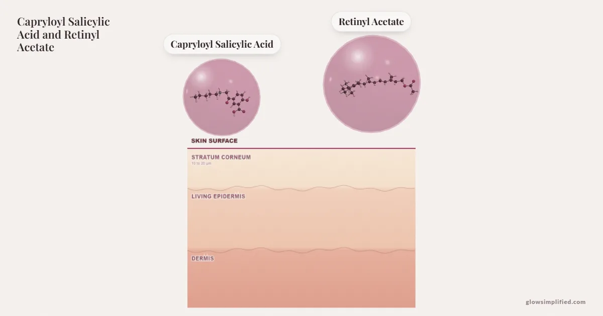 Capryloyl Salicylic Acid and Retinyl Acetate meeting on a cross-section of skin