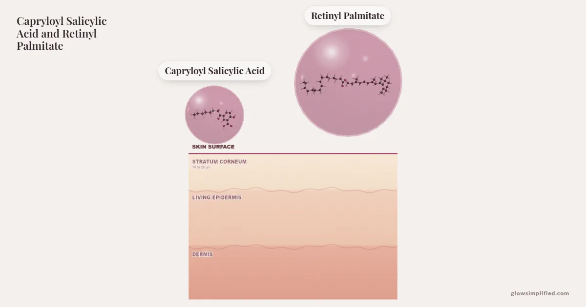 Capryloyl Salicylic Acid and Retinyl Palmitate meeting on a cross-section of skin