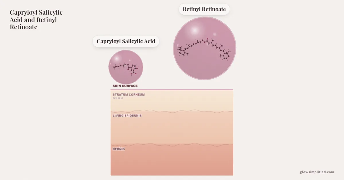 Capryloyl Salicylic Acid and Retinyl Retinoate meeting on a cross-section of skin