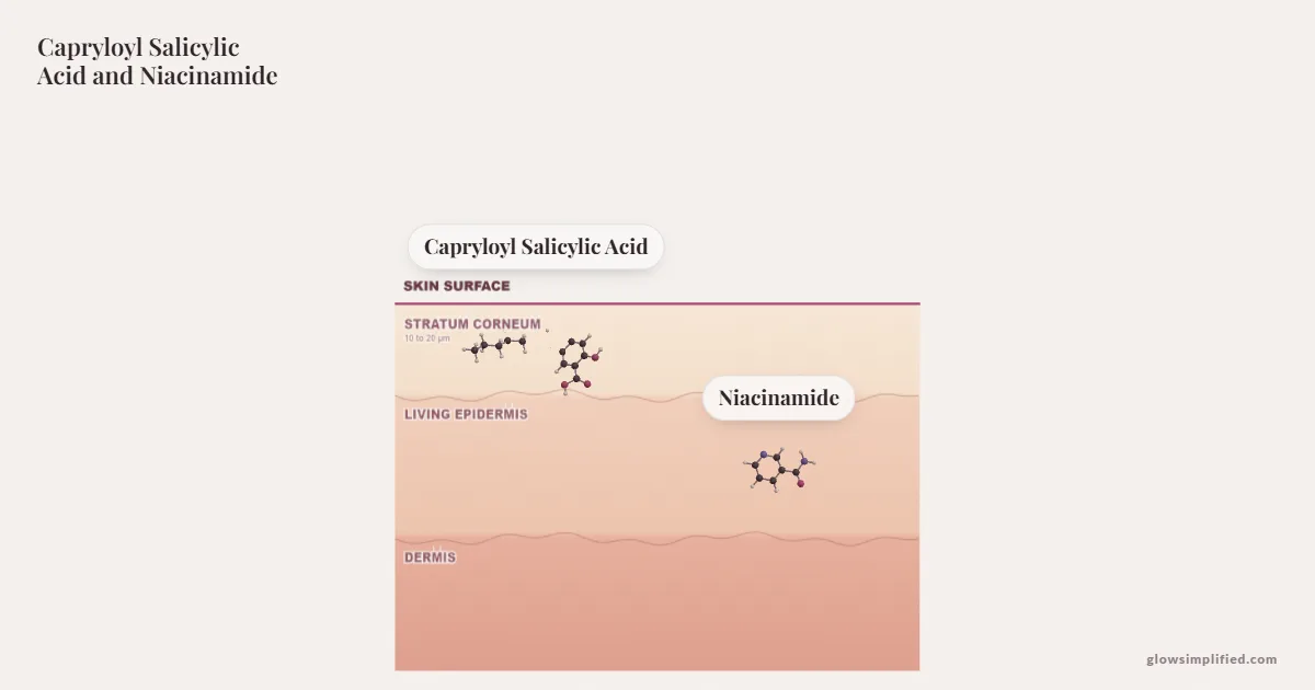 Capryloyl Salicylic Acid and Niacinamide meeting on a cross-section of skin