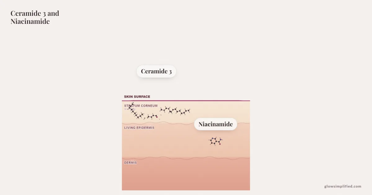 Ceramide 3 and Niacinamide meeting on a cross-section of skin