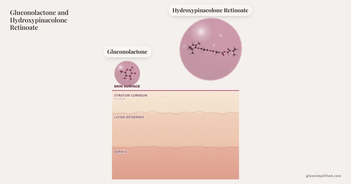 Gluconolactone and Hydroxypinacolone Retinoate meeting on a cross-section of skin