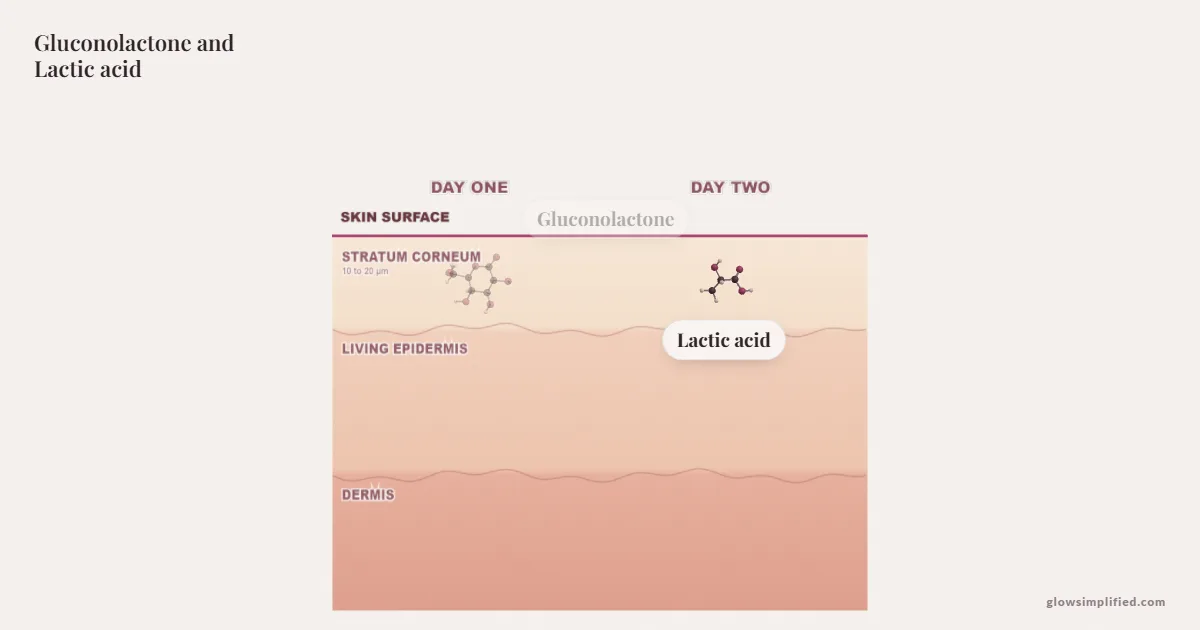 Gluconolactone and Lactic acid meeting on a cross-section of skin