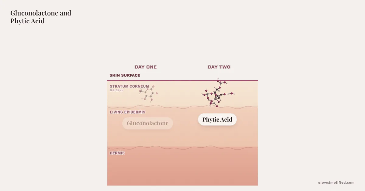 Gluconolactone and Phytic Acid meeting on a cross-section of skin