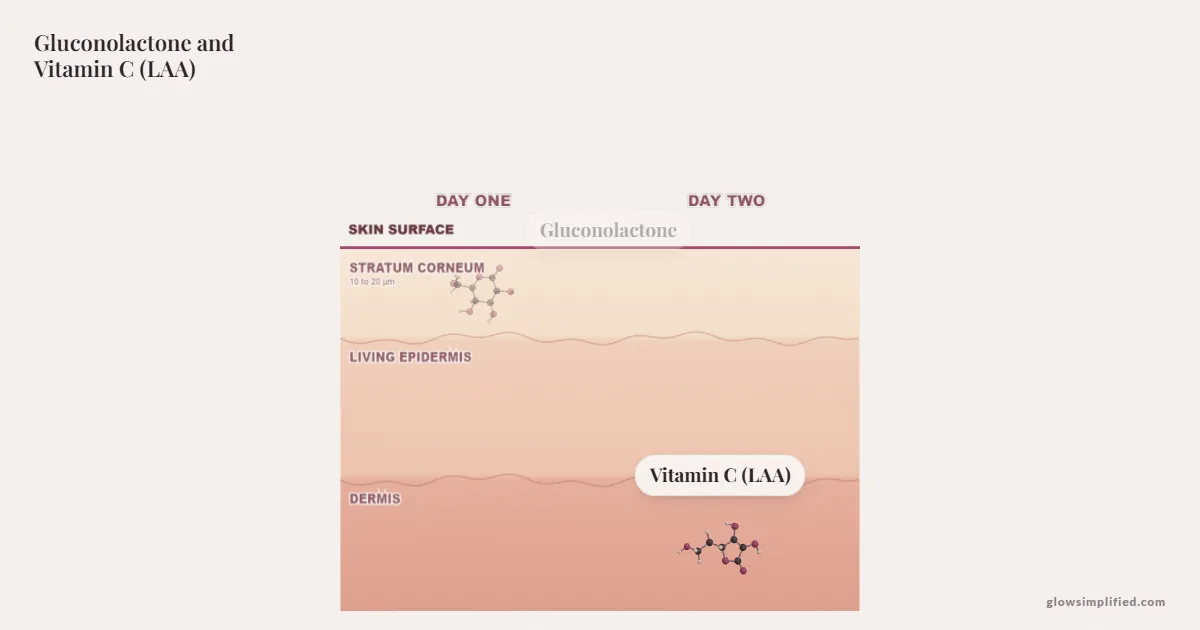 Gluconolactone and Vitamin C (LAA) meeting on a cross-section of skin
