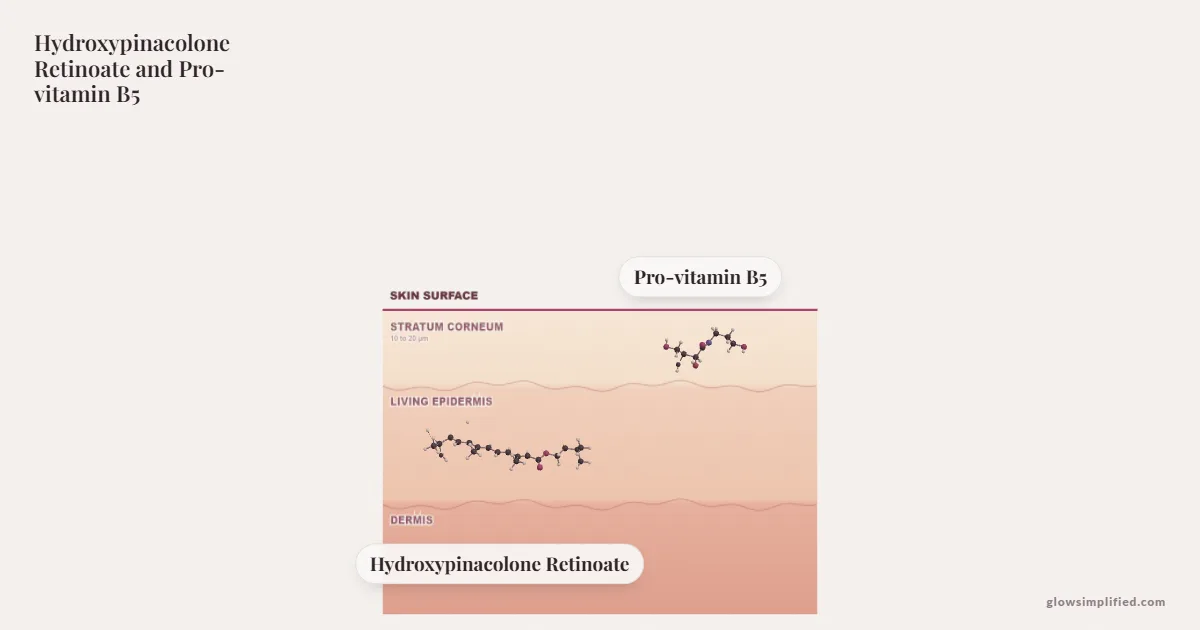 Hydroxypinacolone Retinoate and Pro-vitamin B5 meeting on a cross-section of skin