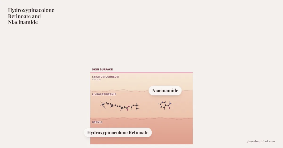 Hydroxypinacolone Retinoate and Niacinamide meeting on a cross-section of skin