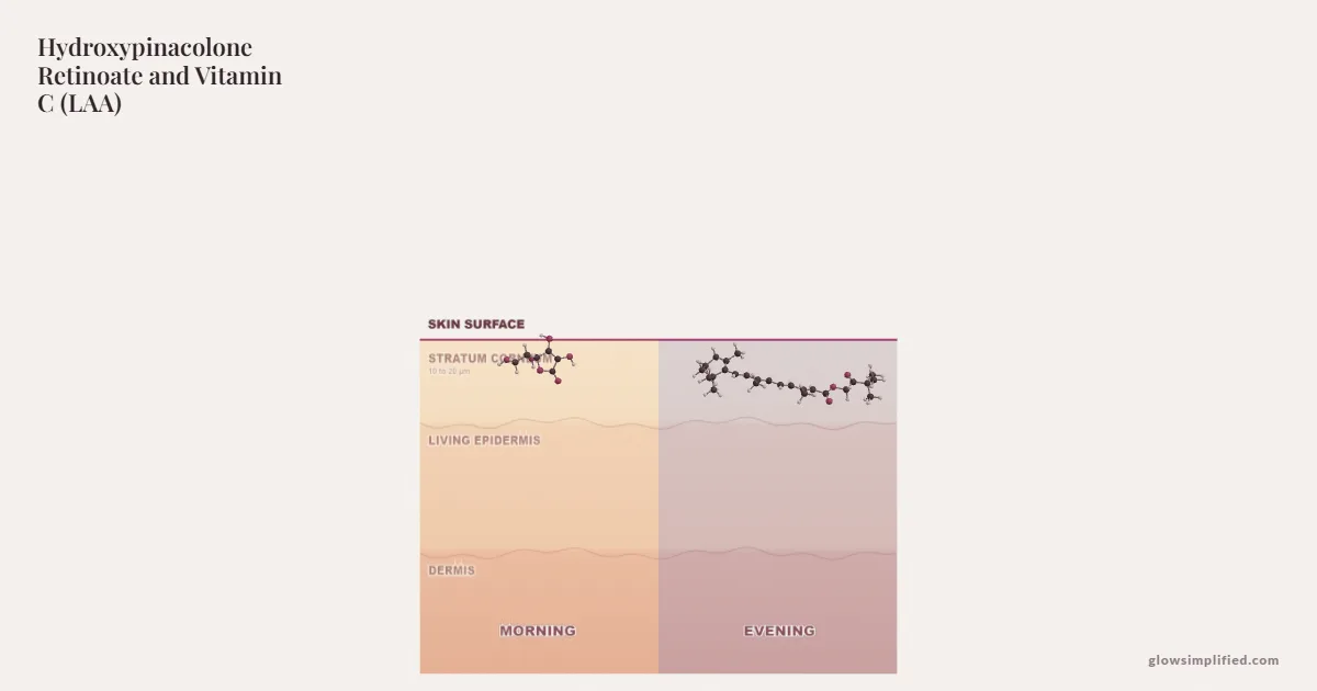 Hydroxypinacolone Retinoate and Vitamin C (LAA) meeting on a cross-section of skin