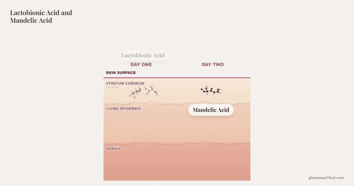 Lactobionic Acid and Mandelic Acid meeting on a cross-section of skin