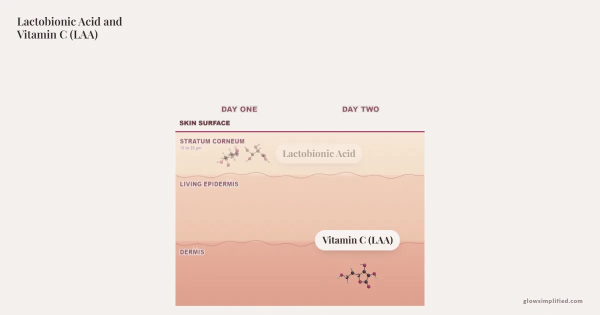 Lactobionic Acid and Vitamin C (LAA) meeting on a cross-section of skin