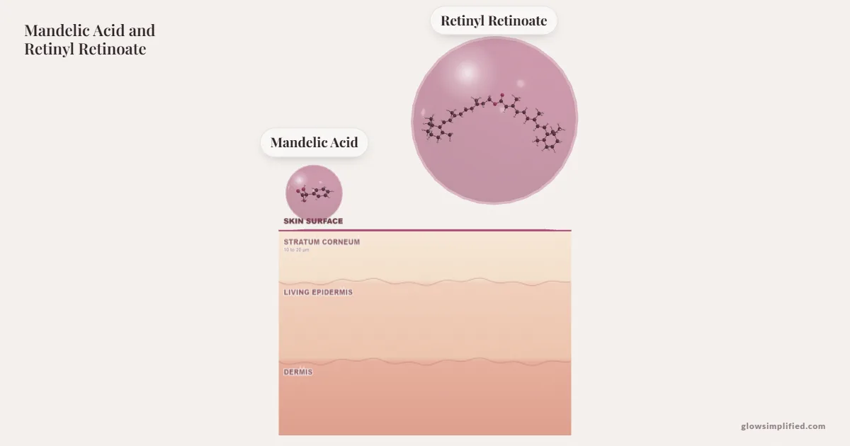 Mandelic Acid and Retinyl Retinoate meeting on a cross-section of skin