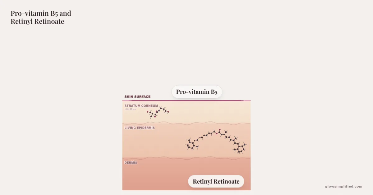 Pro-vitamin B5 and Retinyl Retinoate meeting on a cross-section of skin