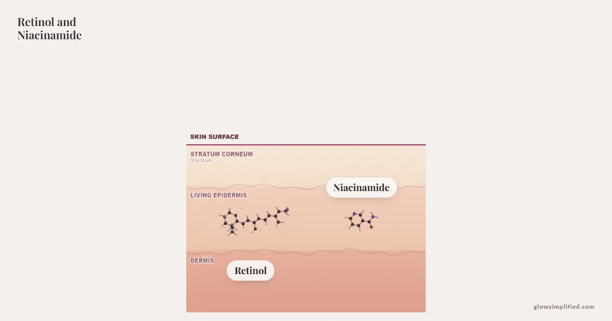 Retinol and Niacinamide meeting on a cross-section of skin