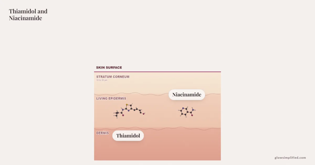 Thiamidol and Niacinamide meeting on a cross-section of skin