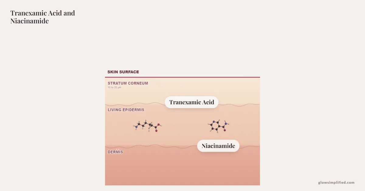 Tranexamic Acid and Niacinamide meeting on a cross-section of skin