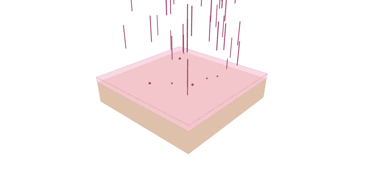 A square centimetre of skin in 3D with the tested sunscreen film on it and UV rays falling.