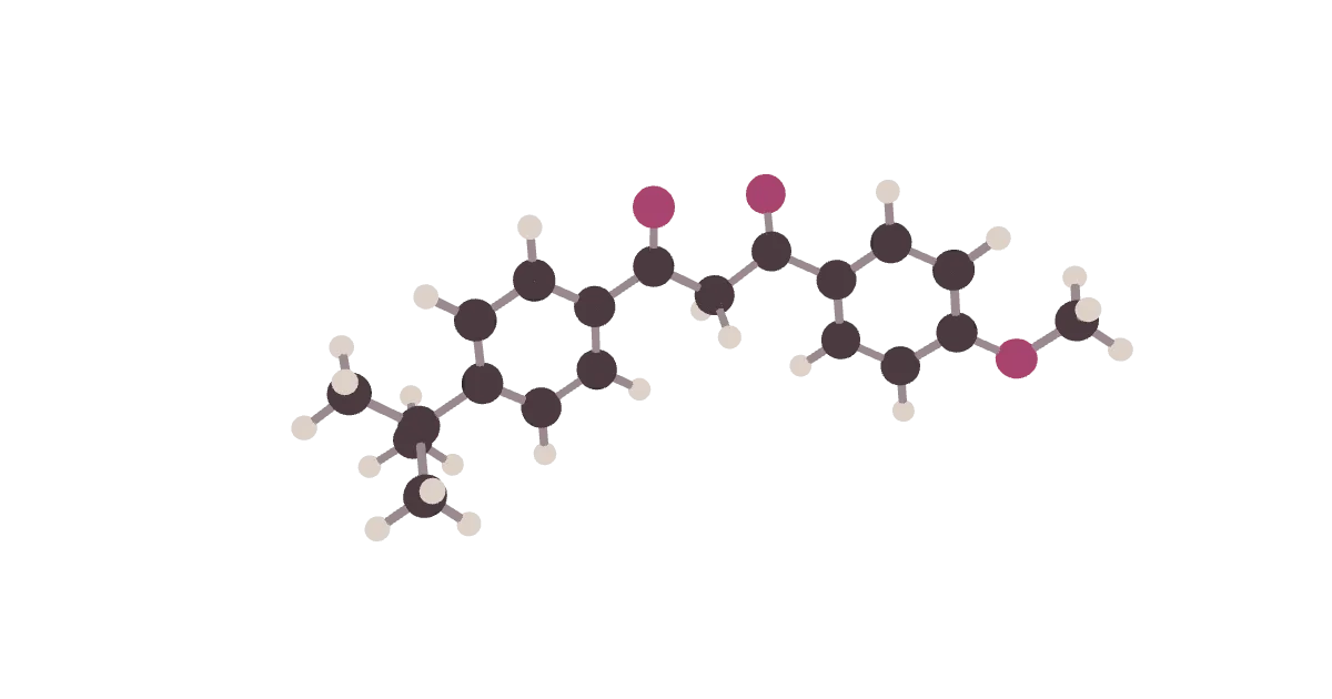 Avobenzone drawn in 3D as balls and sticks.